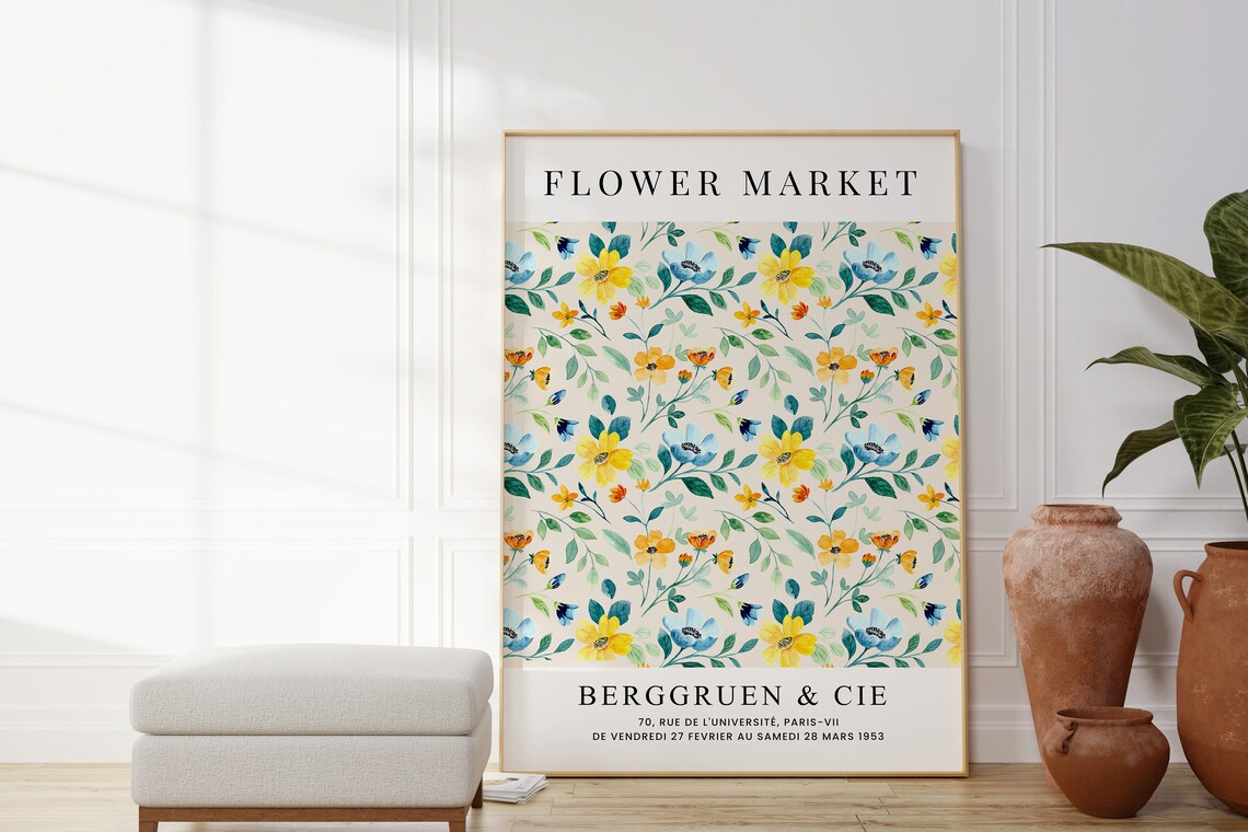 Flower Market Paris Poster Yellow Blue Floral Watercolor Wall Art - Image 3
