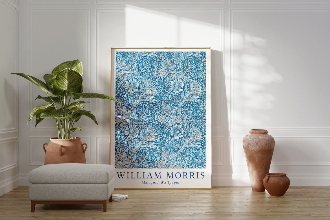 William Morris Marigold Blue Wallpaper Botanical Floral Pattern Poster
