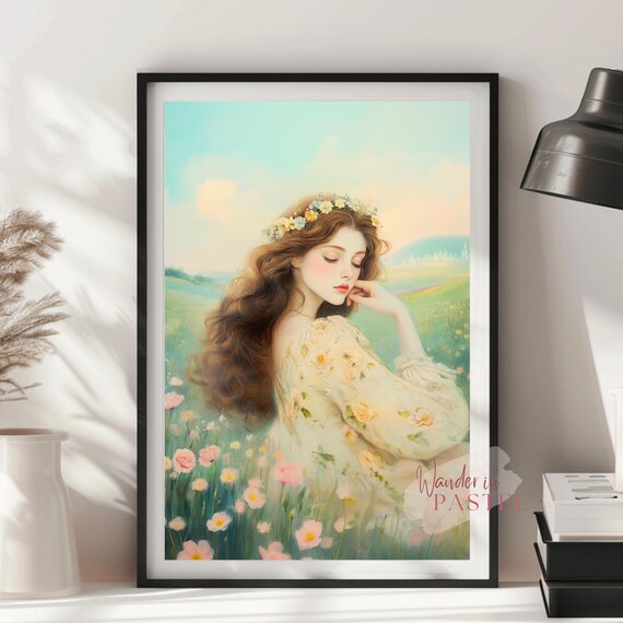 Whimsical Flower Crown Woman Meadow Pastel Romantic Portrait Poster