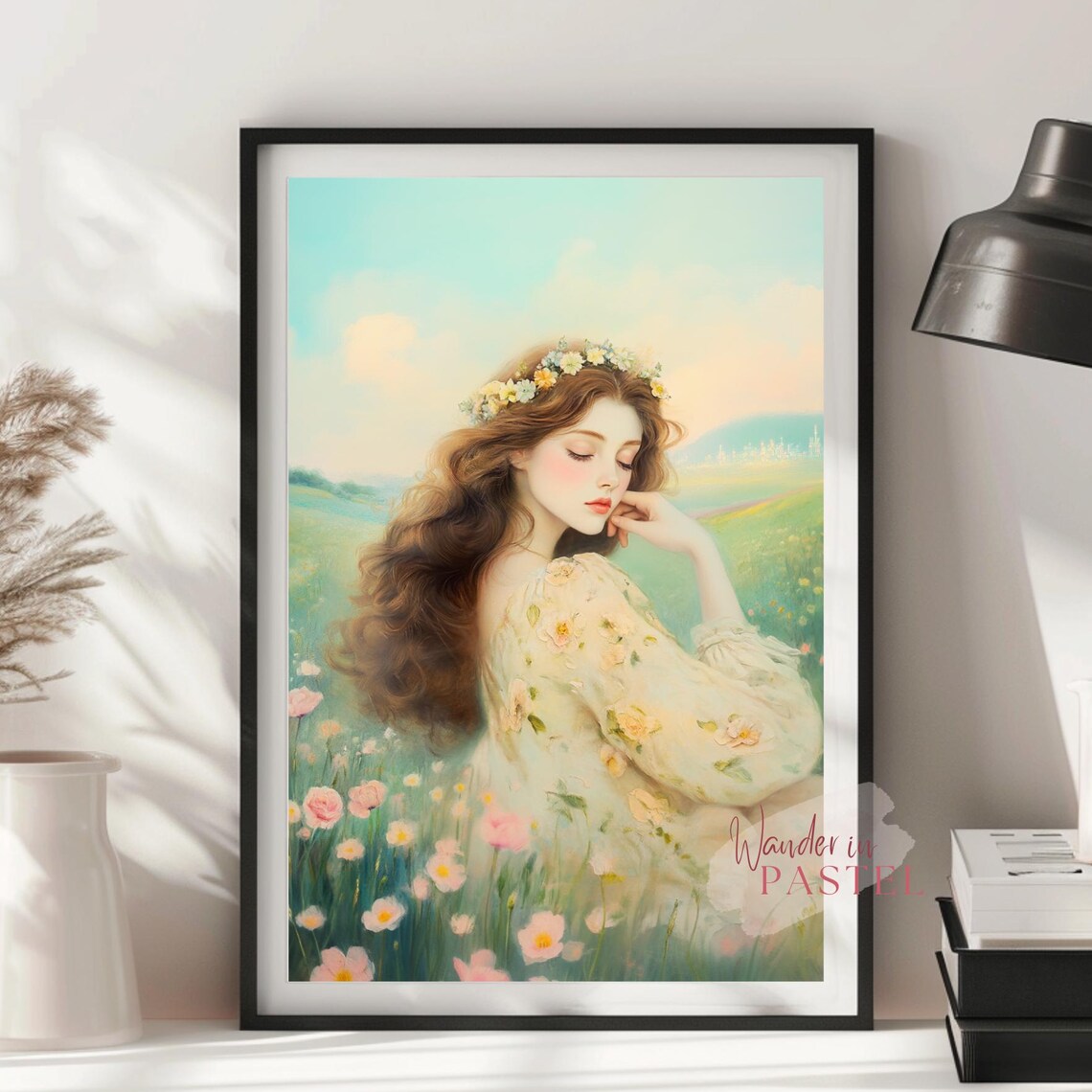 Whimsical Flower Crown Woman Meadow Pastel Romantic Portrait Poster