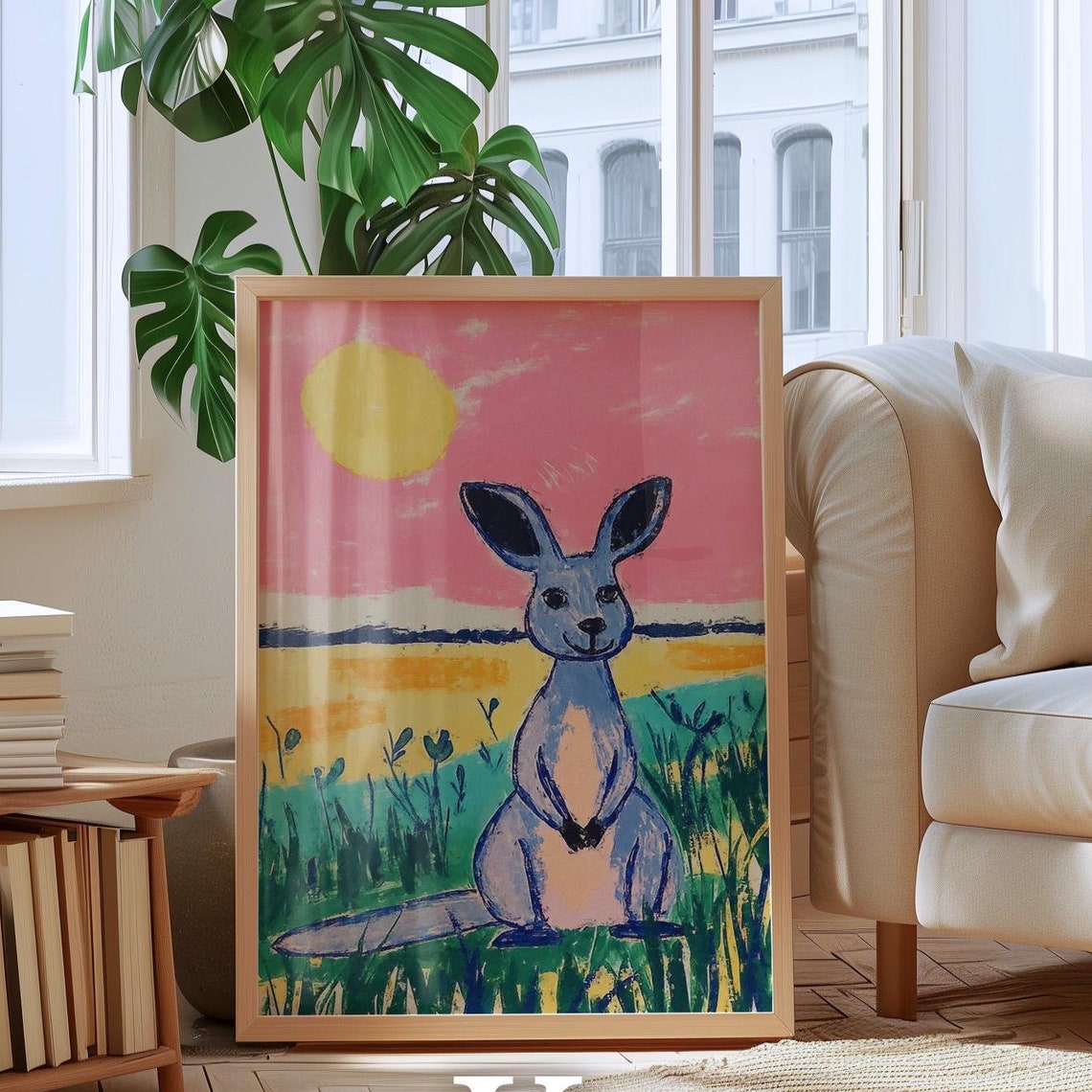 Smiling Blue Kangaroo Standing in Grass Under a Pink Sunset Poster