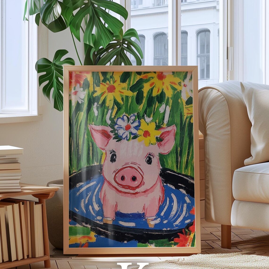 Pink Piglet Bathing in a Blue Tub Wearing a Flower Crown Poster