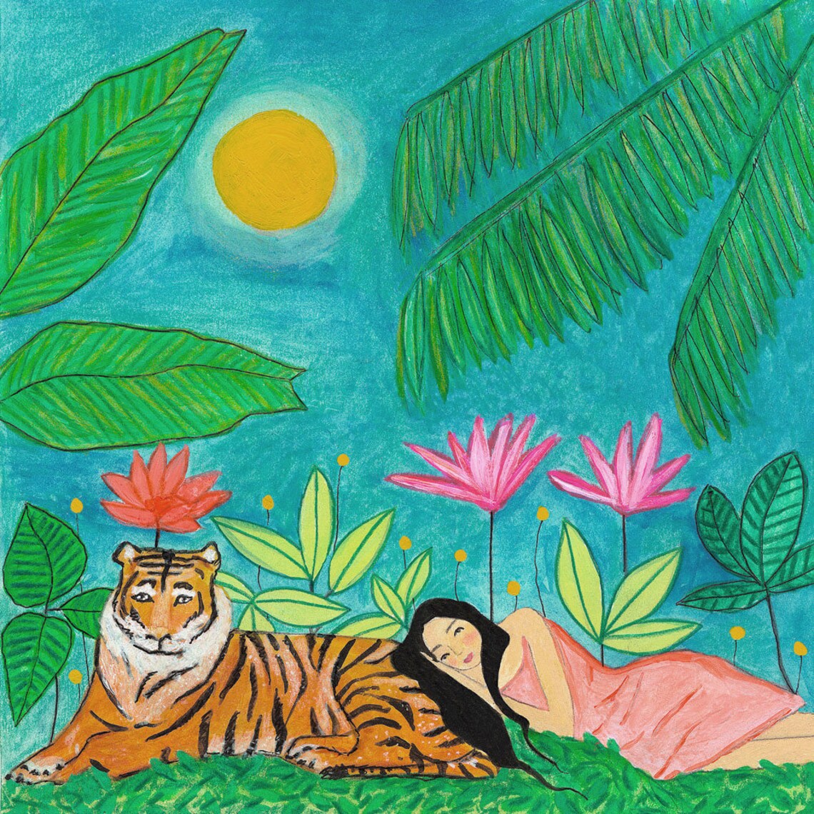 Girl Resting with a Tiger in a Lush Jungle Garden Nursery Poster
