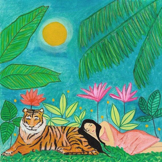 Girl Resting with a Tiger in a Lush Jungle Garden Nursery Poster