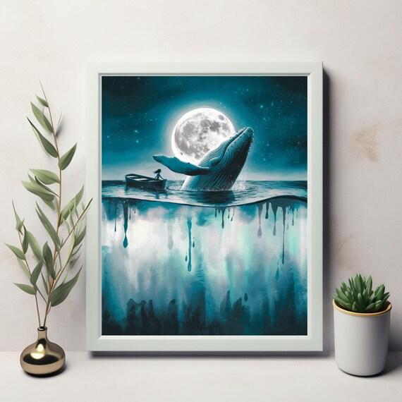 Breaching Humpback Whale At Moonrise Underwater Glow Ocean Art Poster