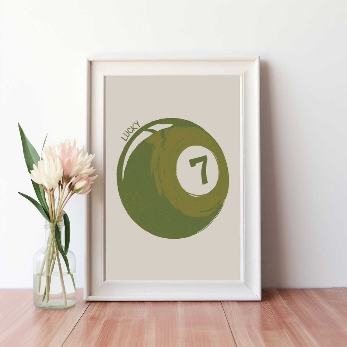 Lucky Number 7 Billiard Ball Illustration Vintage Style Art For Wall Decor Instant