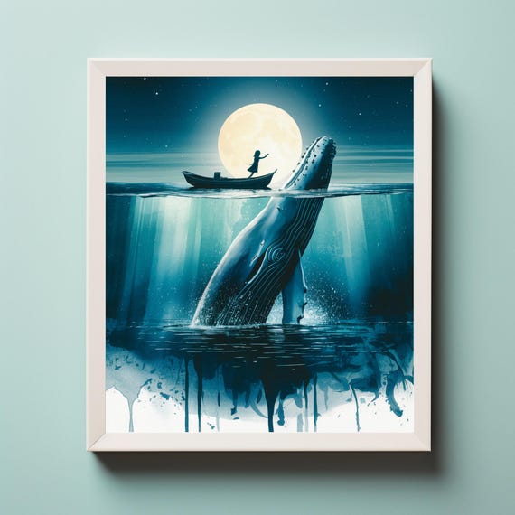 Whale Painting Watercolor Print And Boat Girl Boy Art Nursery Humpback Wall Decor Gift
