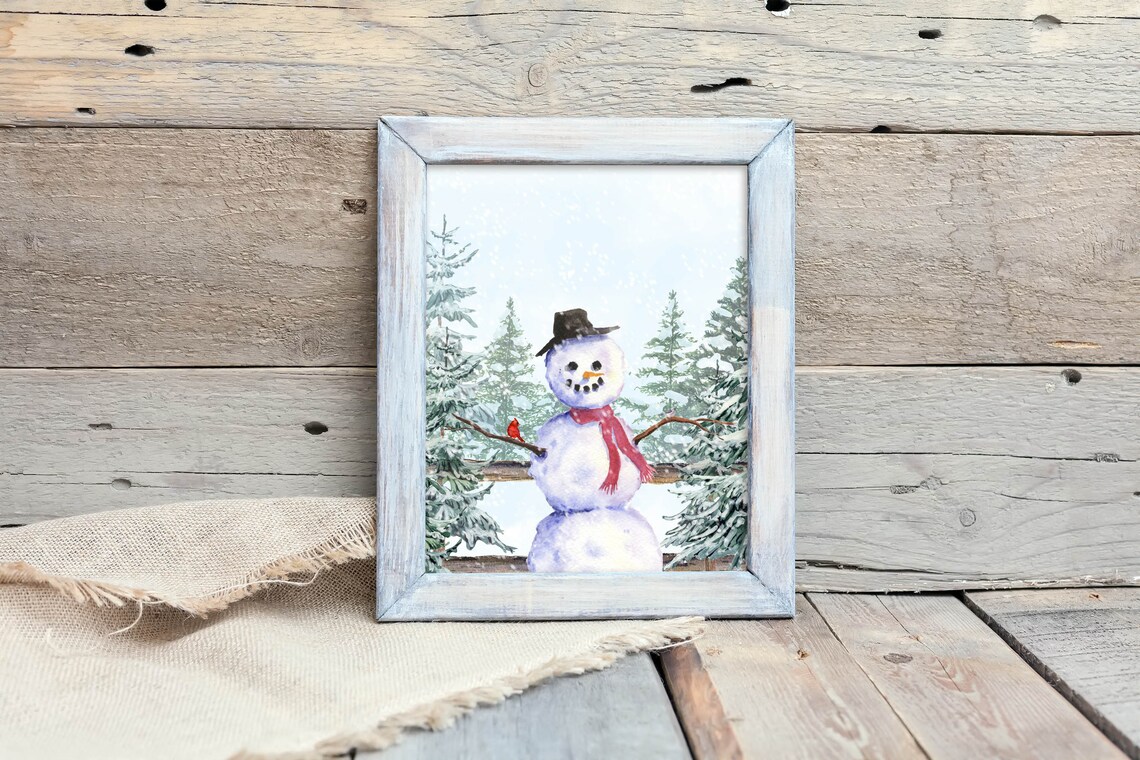 Snowman With Top Hat Cardinal Watercolor Snowy Evergreen Winter Scene Poster - Image 2