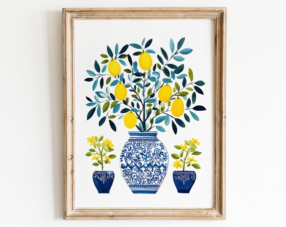 Lemon and Olive Vase, Bohemian Farmhouse Art Print