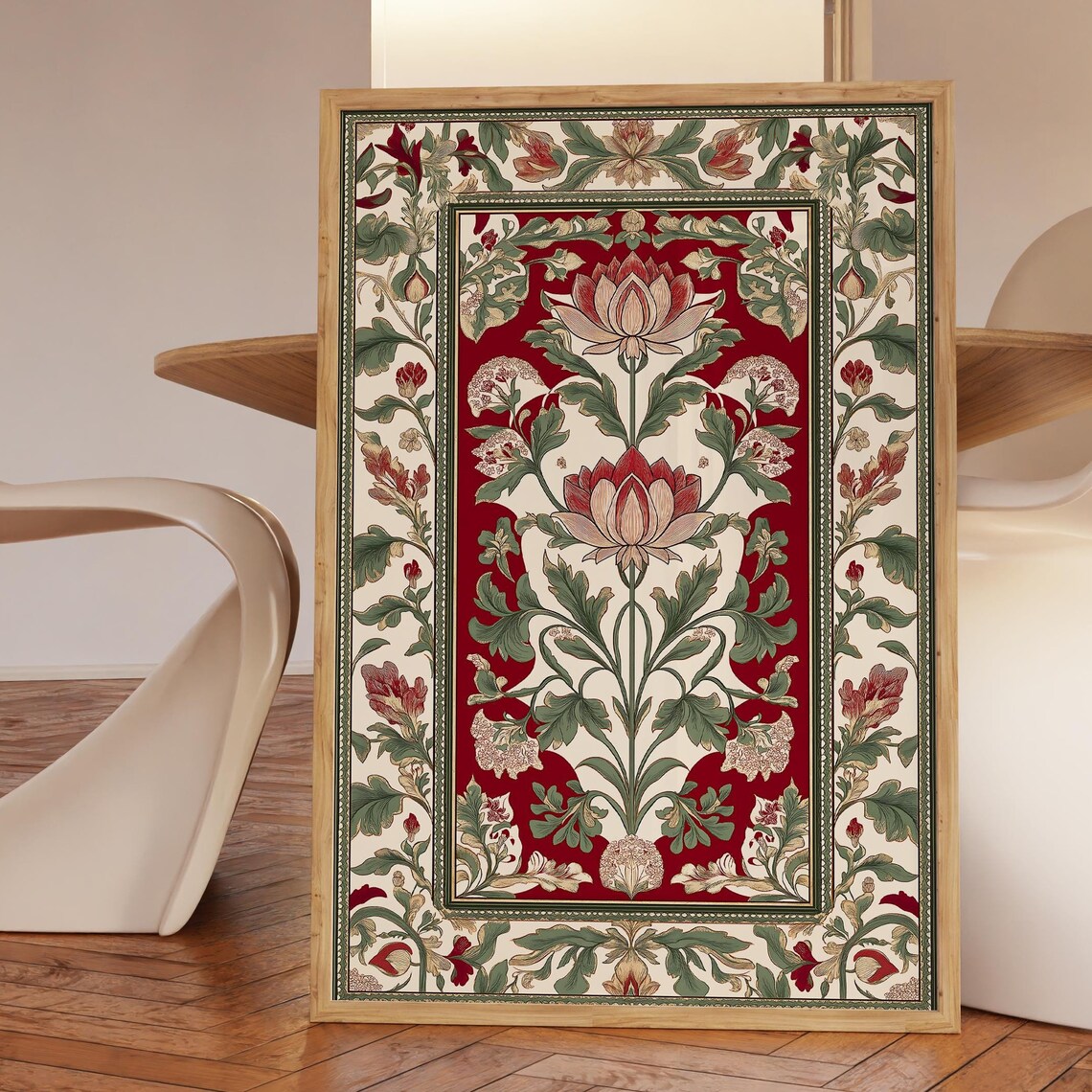 Indian Folk Style Red Lotus Border Botanical Ornate Wall Art