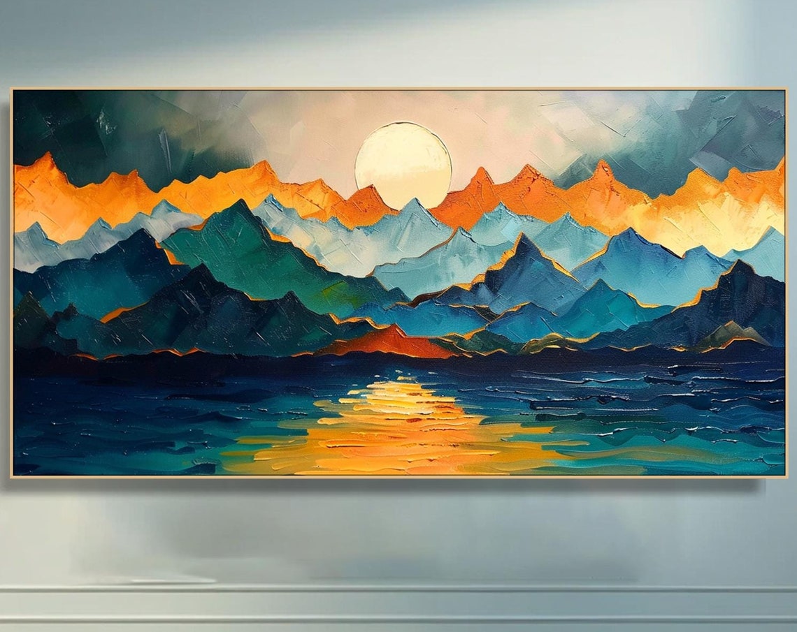 Layered Mountain Sunset Reflection Textured Abstract Landscape Poster