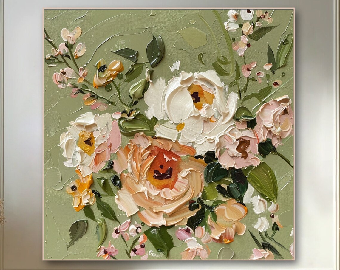 White Peony Bloom Impasto Oil Painting Neutral Floral Botanical Poster