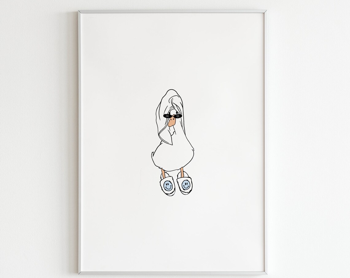 Duck in Smiley Face Slippers and Shower It Girl Art Print