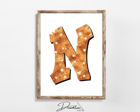 Glitter Orange Letter N Print Orange Trendy Personalized Monogram Wall Art Disco Cowgirl Dorm Decor Preppy Poster Teen Room