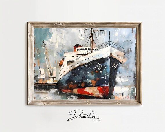 Vintage Ocean Liner Ship Painting at Dock Nautical Coastal Wall Art Print