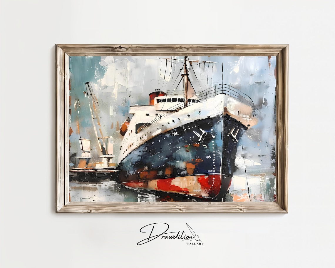 Vintage Ocean Liner Ship Painting at Dock Nautical Coastal Wall Art Print