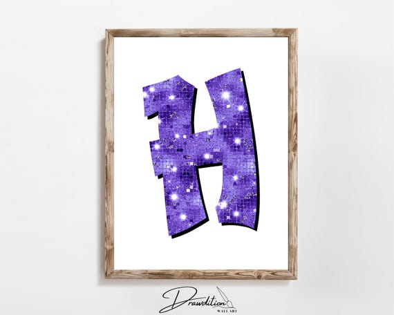Disco Indigo Letter H Print Purple Trendy Personalized Monogram Wall Art Disco Cowgirl Dorm Decor Preppy Poster Teen Room