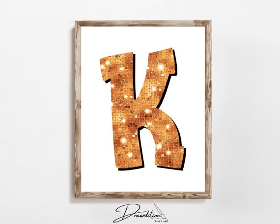 Glitter Orange Letter K Print Orange Trendy Personalized Monogram Wall Art Disco Cowgirl Dorm Decor Preppy Poster Teen Room