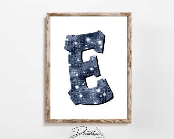 Disco Navy Blue Letter E Print Navy Trendy Personalized Monogram Wall Art Disco Cowgirl Dorm Decor Preppy Poster Teen Room