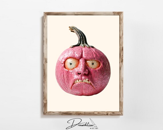 Pink Pumpkin Carved Angry Frowning Face Halloween Decor Poster