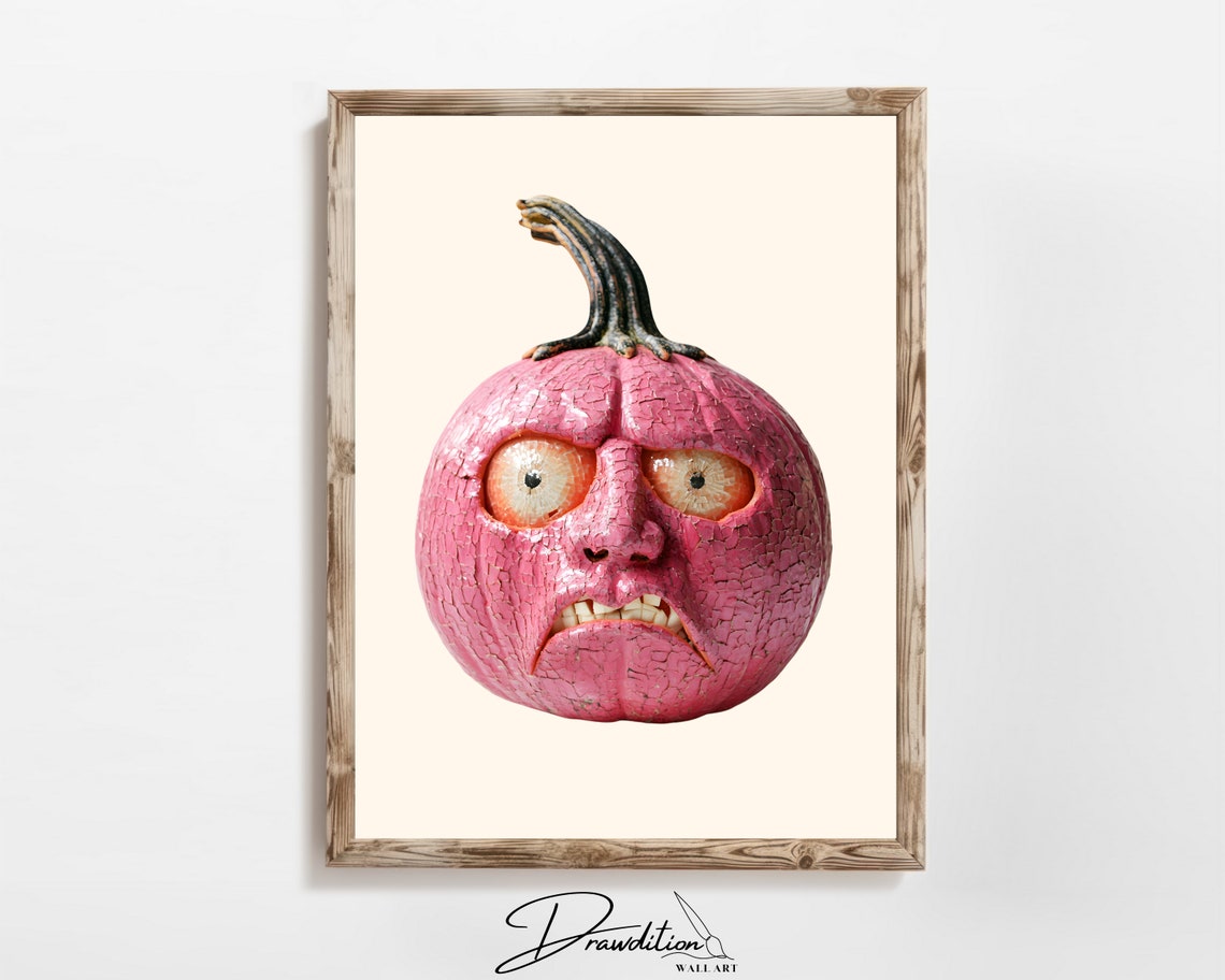 Pink Pumpkin Carved Angry Frowning Face Halloween Decor Poster