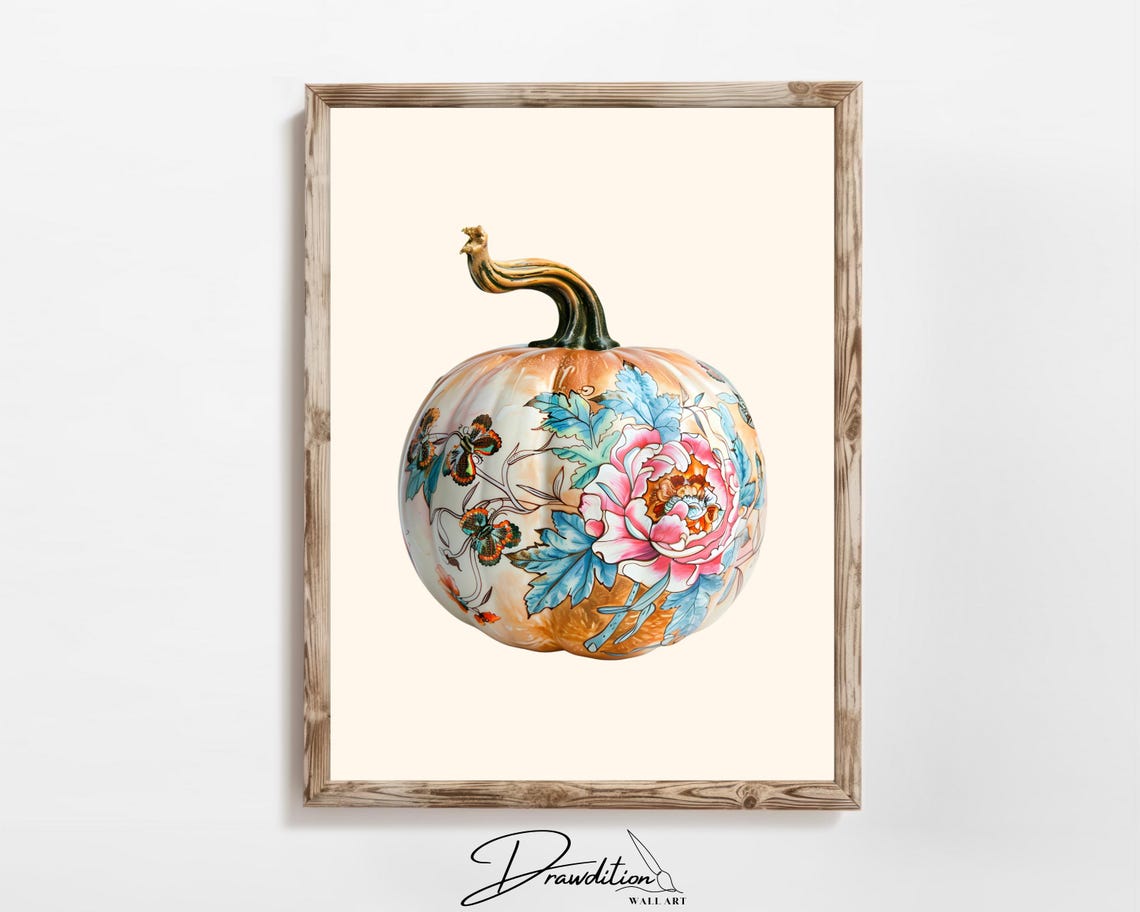 Pumpkin Painted Blue Leaves Pink Peony Floral Art Fall Wall Art