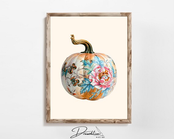 Pumpkin Painted Blue Leaves Pink Peony Floral Art Fall Wall Art
