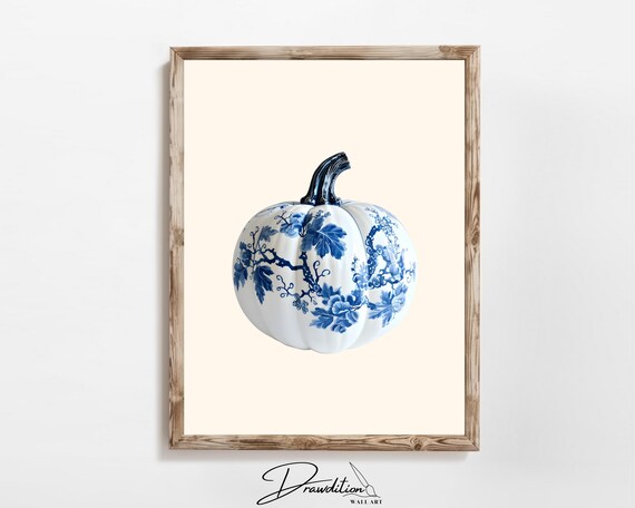 Blue White Floral Pumpkin Chinoiserie Fall Home Decor Poster