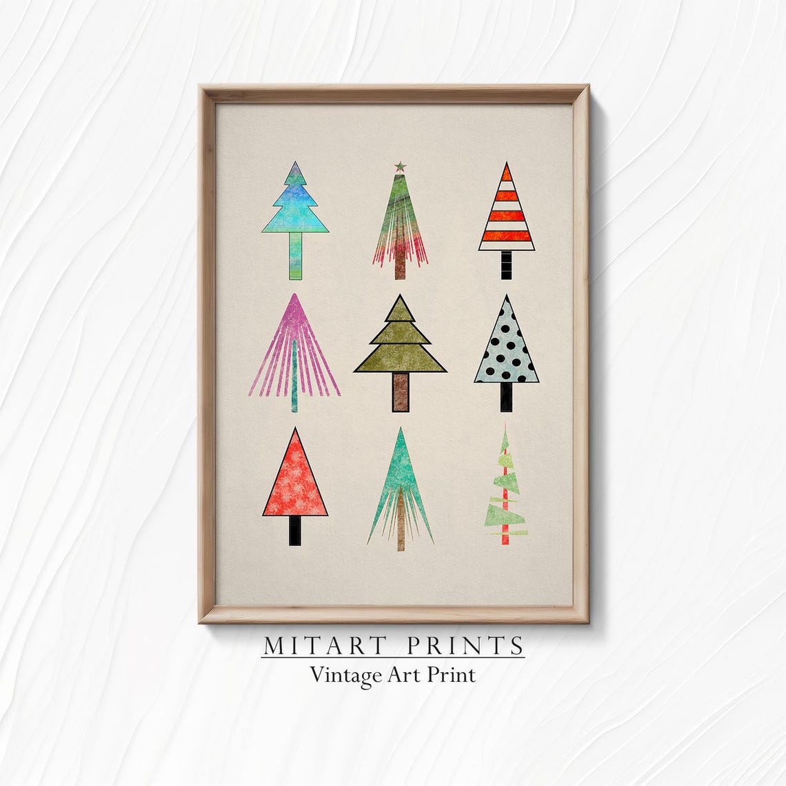 Nine Geometric Colorful Christmas Trees Modern Holiday Art Print