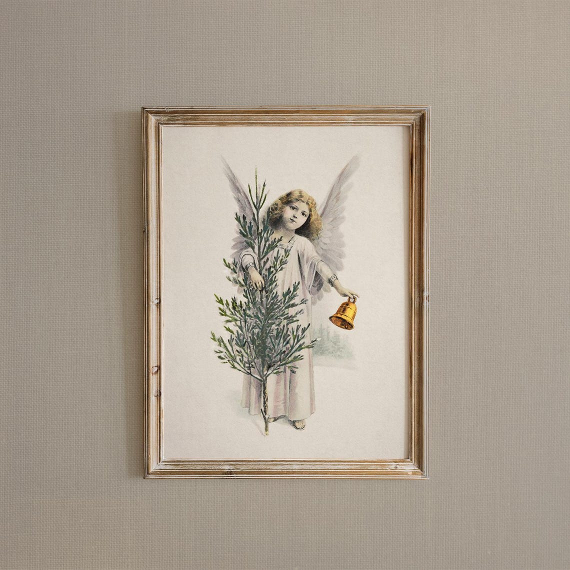 Vintage Christmas Angel Holding Tree and Golden Bell Art Print - Image 2