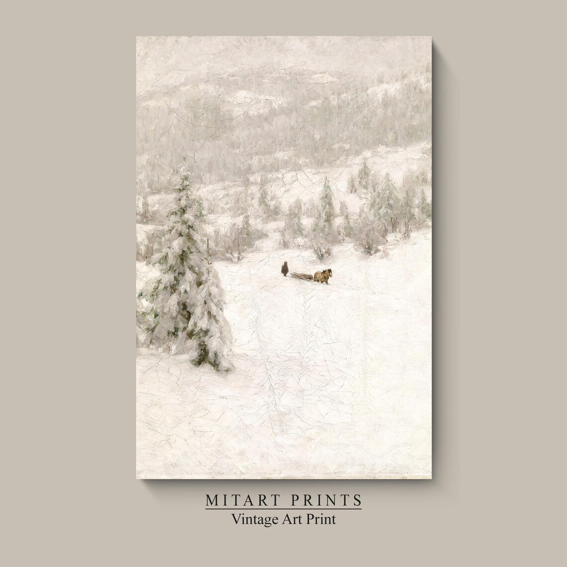 Vintage Neutral Winter Landscape Snowy Hillside Horse Drawn Sled Poster - Image 4