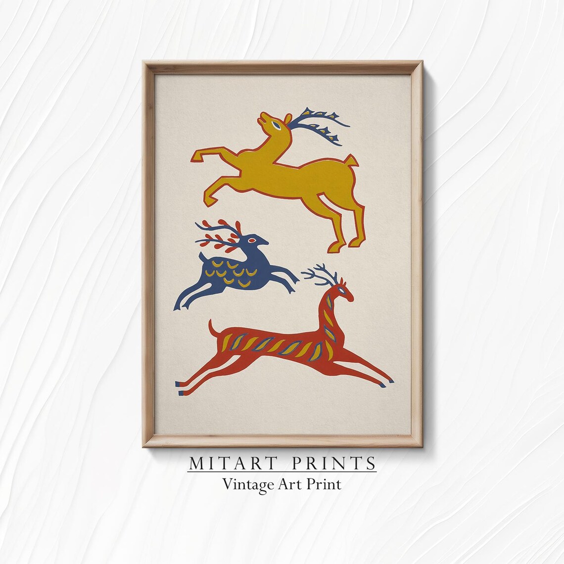 Colorful Leaping Reindeer Folk Art Scandinavian Christmas Art Print