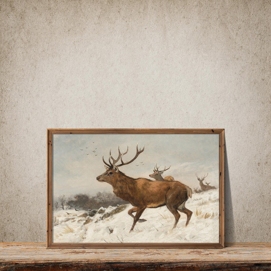 Vintage Red Deer Stags in Snowy Field Winter Wildlife Art Print - Image 3