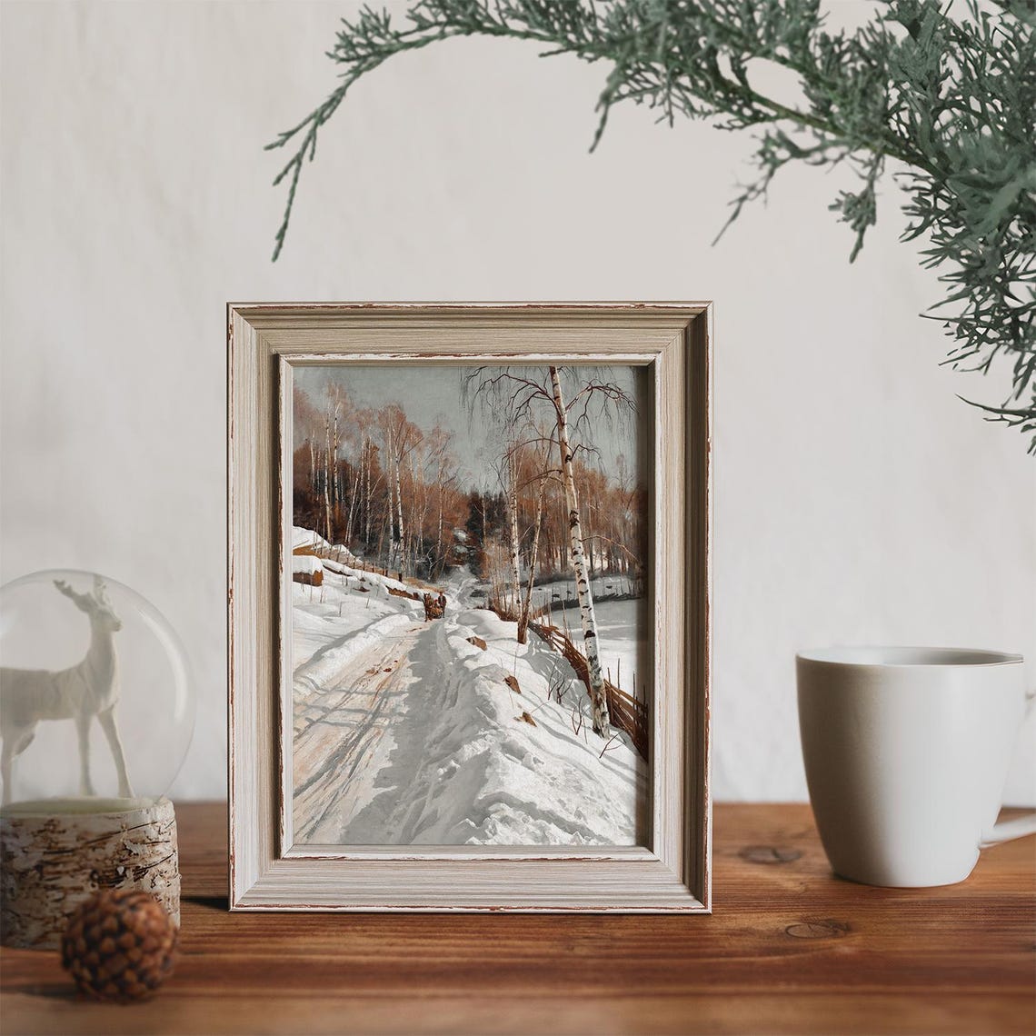 Snowy Birch Forest Road With Horse Sleigh Winter Landscape Art Print - Image 2