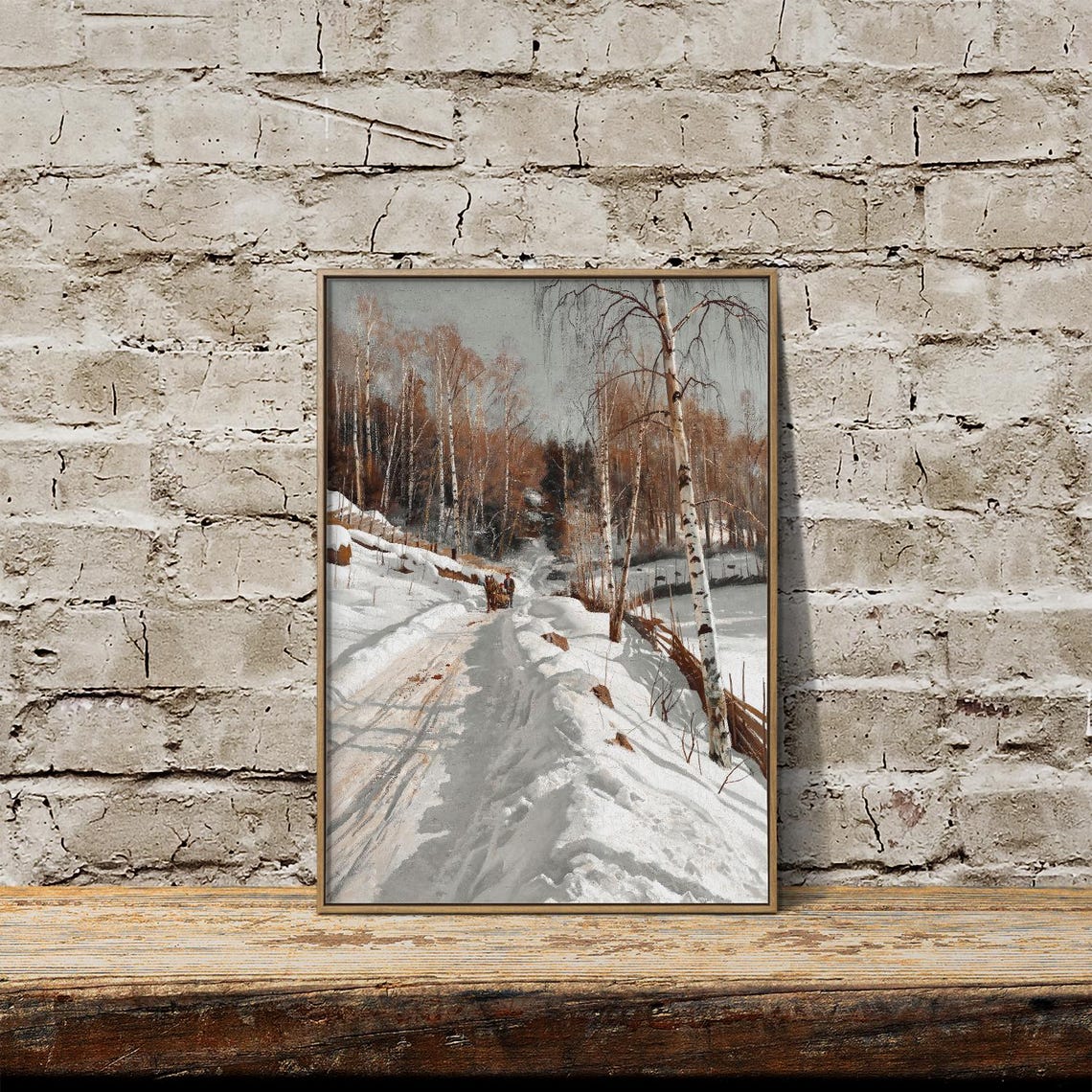 Snowy Birch Forest Road With Horse Sleigh Winter Landscape Art Print - Image 3