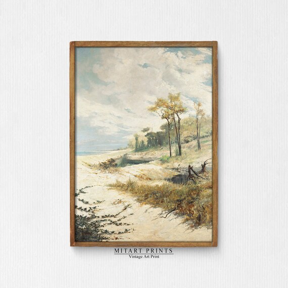 Vintage Sandy Beach Landscape with Dune Trees Coastal Art Poster