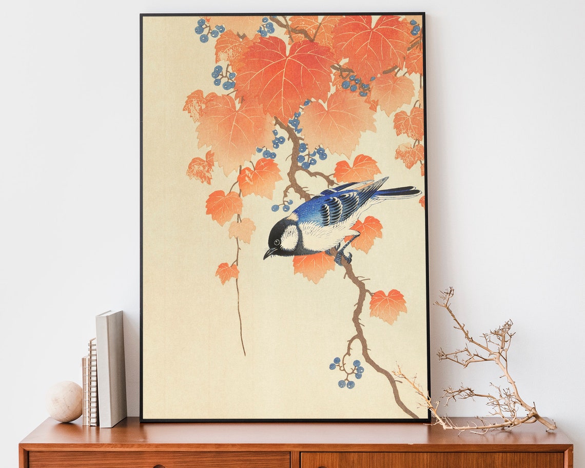 Ohara Koson Great Tit Songbird On Autumn Leaves Branch Poster
