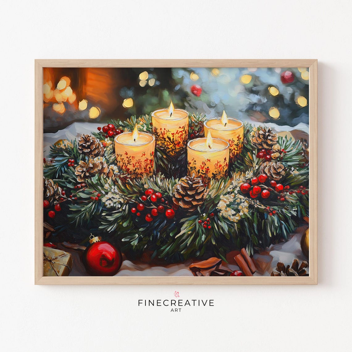 Advent Wreath with Four Lit Candles Pinecones and Berries Poster
