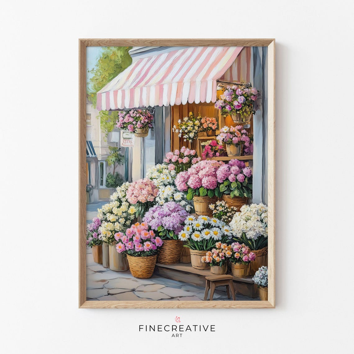 Vintage Flower Shop Storefront Striped Awning Spring Floral Print