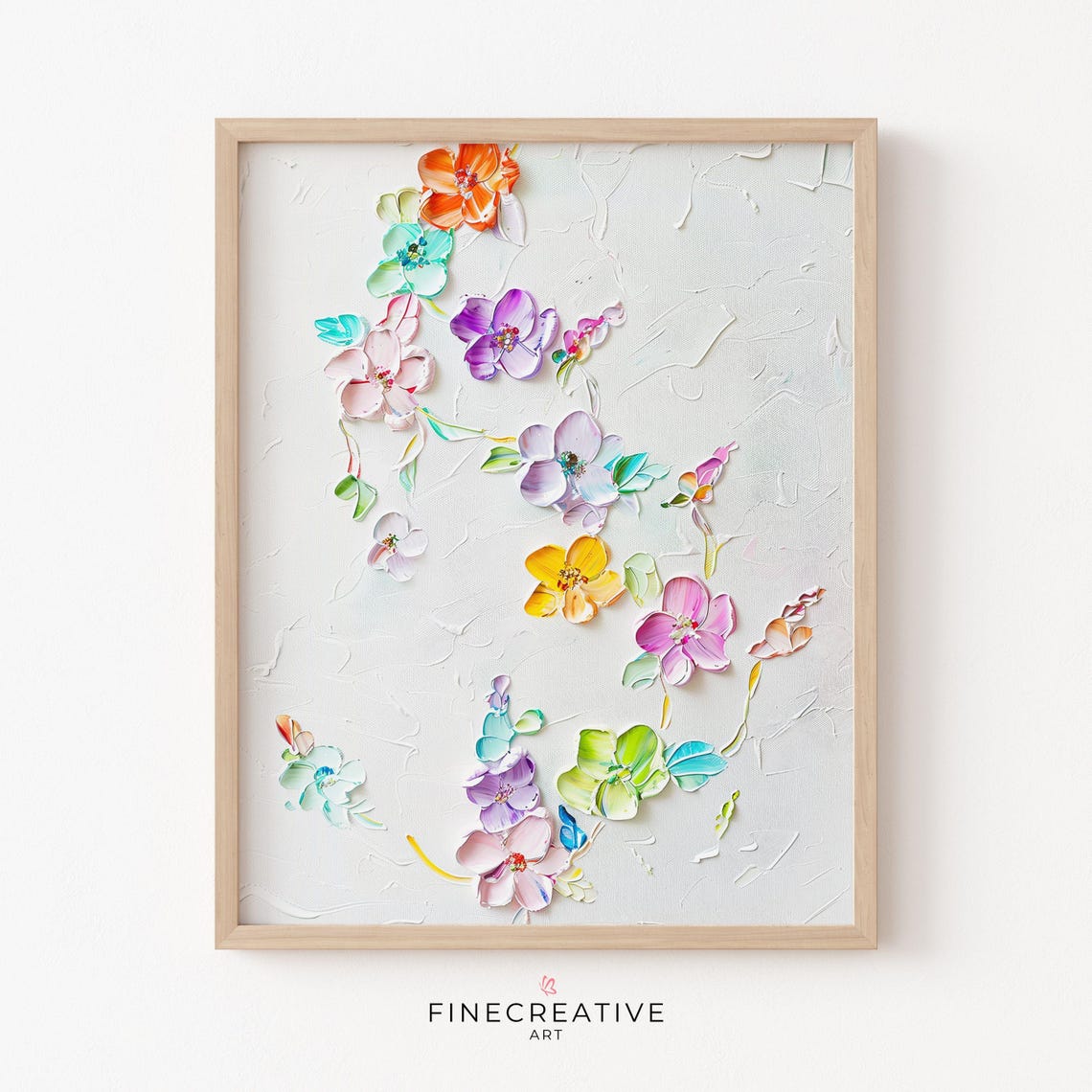 Pastel Rainbow Flowers White Textured 3D Floral Impasto Poster