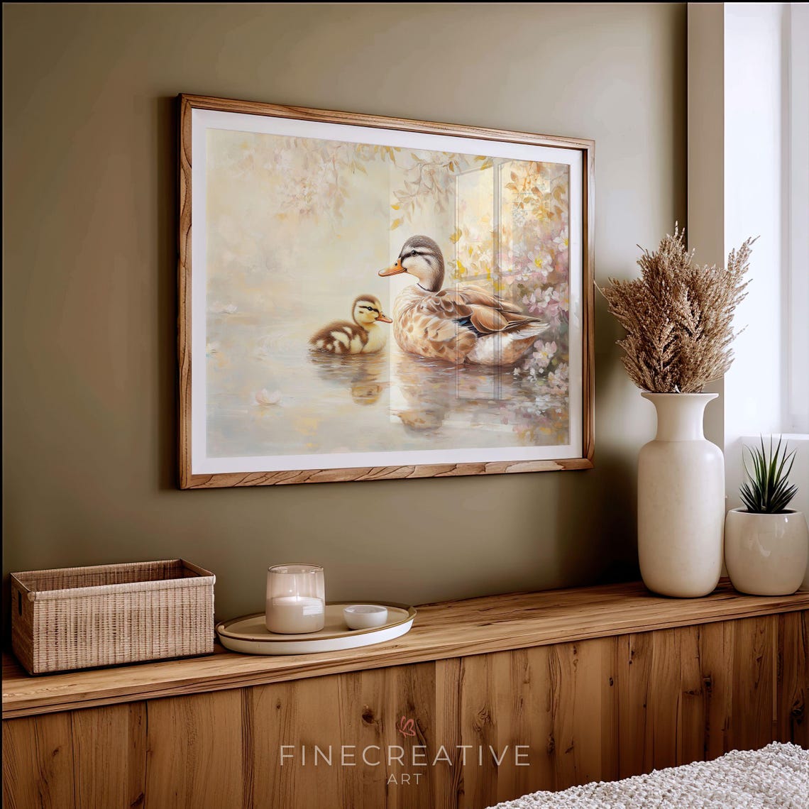 Mother Duck And Duckling Spring Blossom Pond Watercolor Print - Image 3