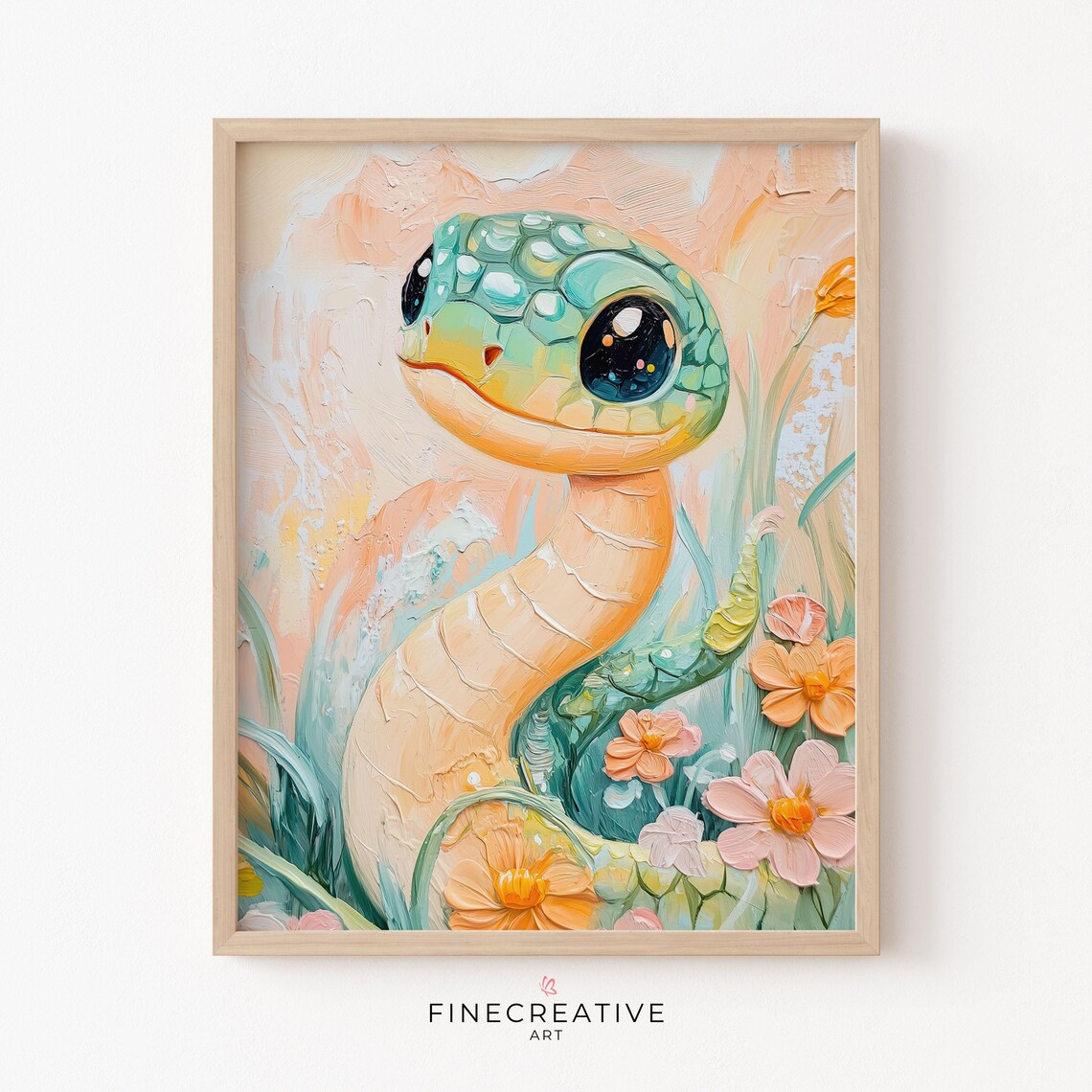 Cute Baby Snake Flowers Pastel Nursery Animal Portrait Art Print