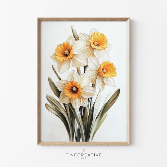 Daffodil Botanical Painting White Orange Blooms Spring Poster