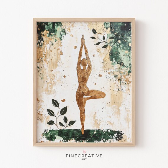 Golden Tree Pose Yoga Figure Green Abstract Leaves Painting Poster