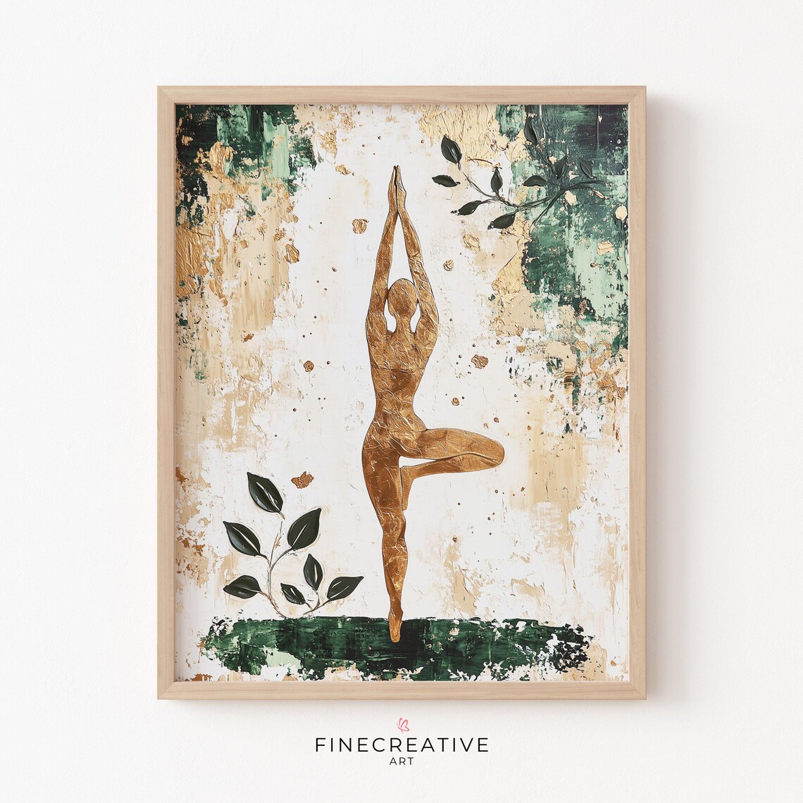 Golden Tree Pose Yoga Figure Green Abstract Leaves Painting Poster