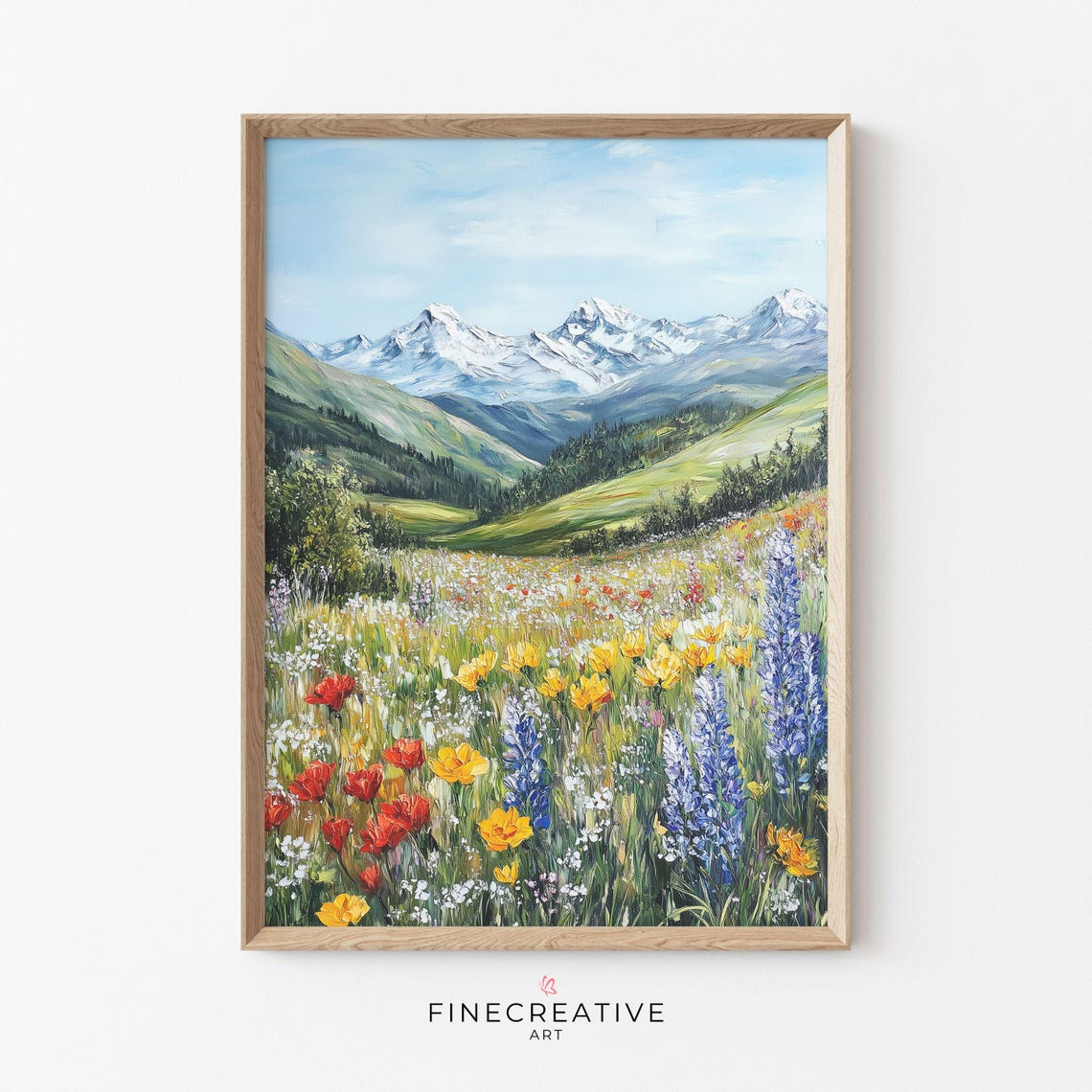 Alpine Wildflower Meadow Snow Capped Mountain Painting Poster