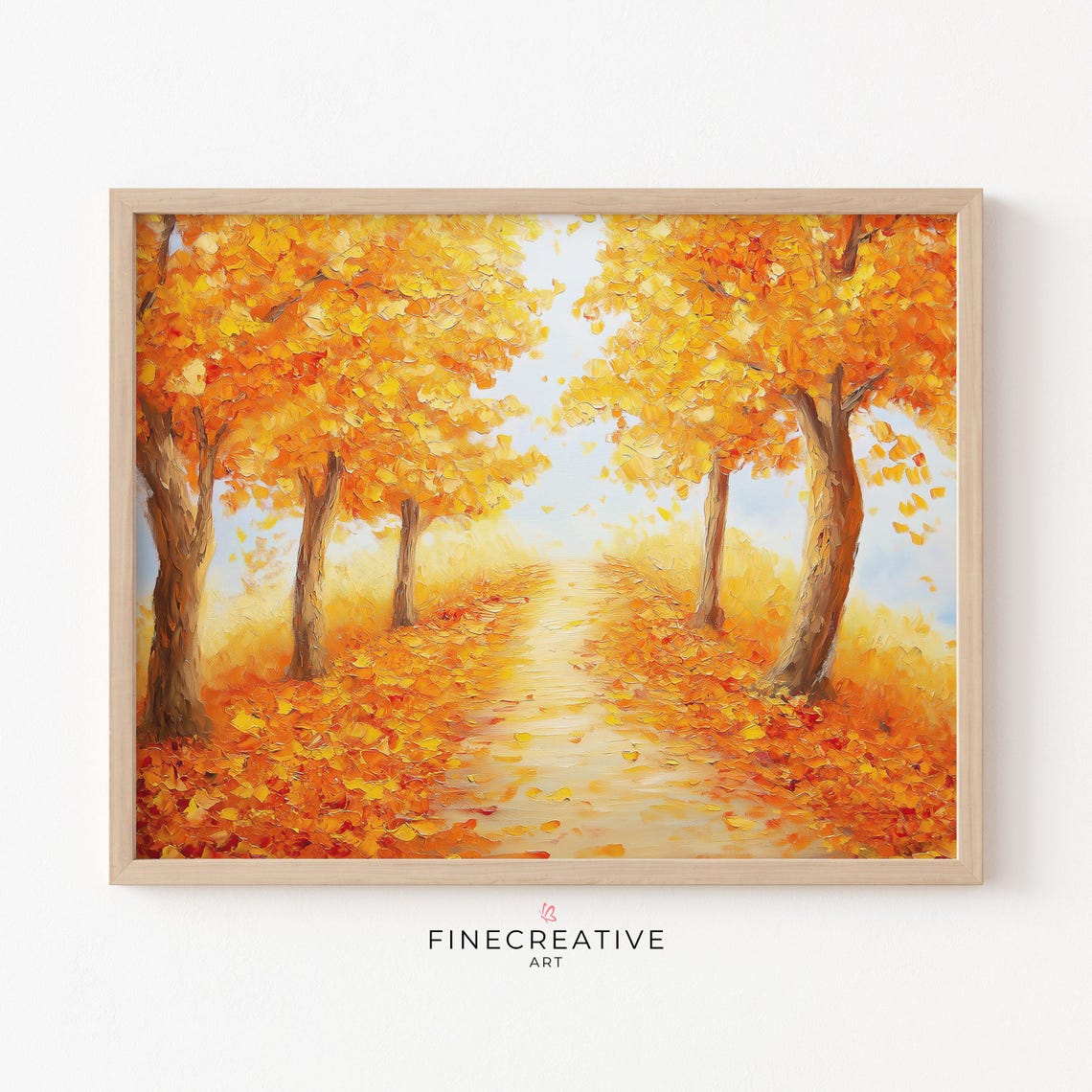 Tree Lined Road Bright Golden Orange Autumn Fall Painting Poster