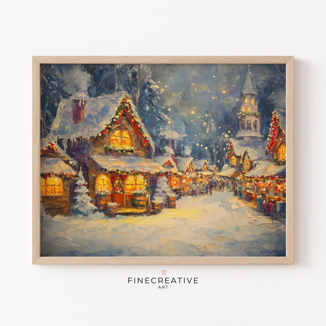 Snowy Christmas Village With Glowing Shops At Dusk Artwork Poster