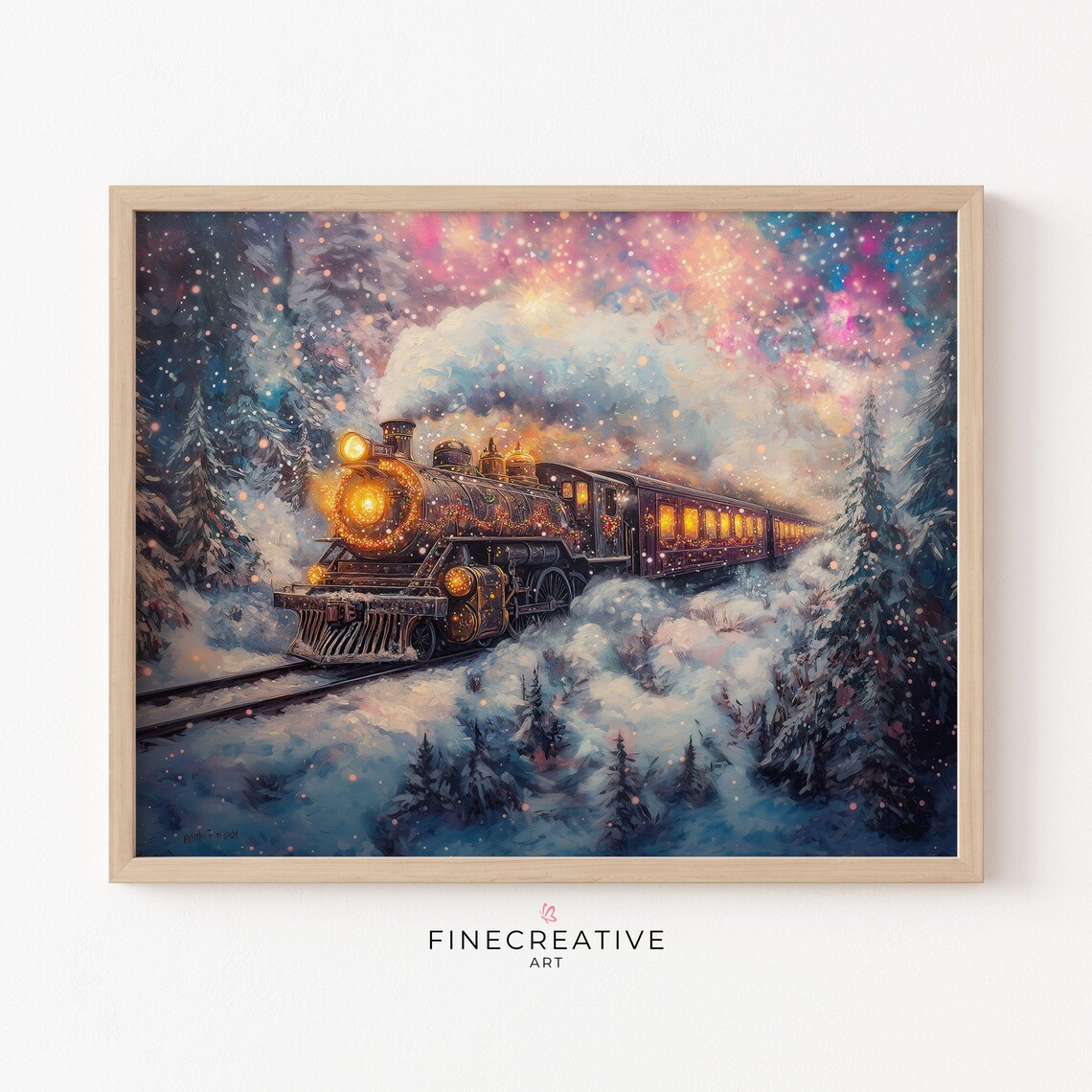 Magical Christmas Steam Train In Snowy Night Forest Scene Poster