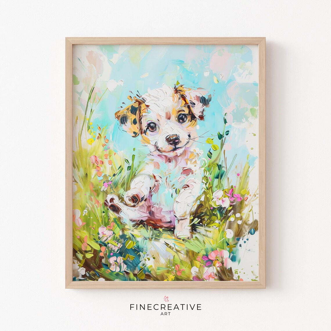 Sweet Cute Puppy Flowers Pastel Painting Nursery Decor Poster